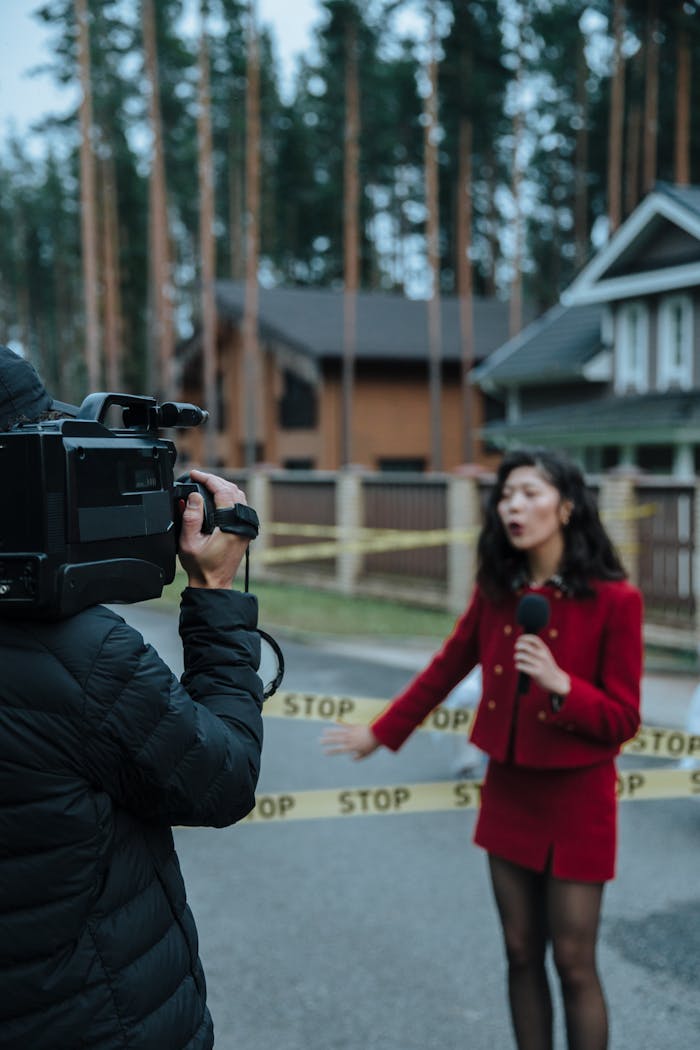 our-experience A female reporter conducts a live report at an outdoor crime scene with a cameraman capturing the footage.